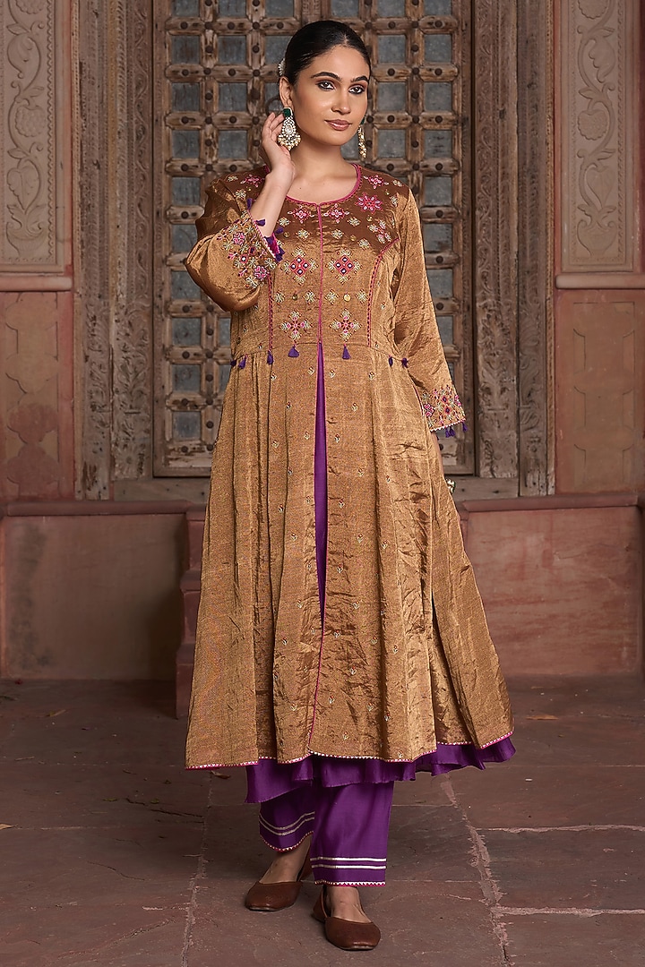 Antique Gold Tissue Mirror Embroidered Kurta Set by HOUSE OF AAS at Pernia's Pop Up Shop