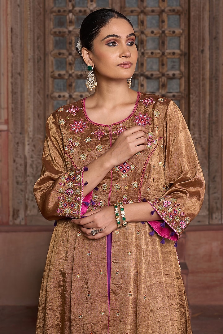 Antique Gold Tissue Mirror Embroidered Kurta Set by HOUSE OF AAS at Pernia's Pop Up Shop