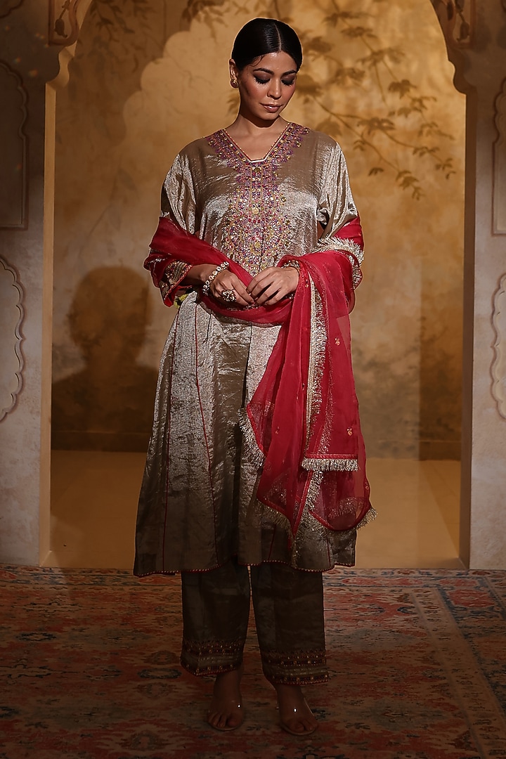 Antique Silver Tissue Silk Thread Embroidered Kurta Set by HOUSE OF AAS at Pernia's Pop Up Shop