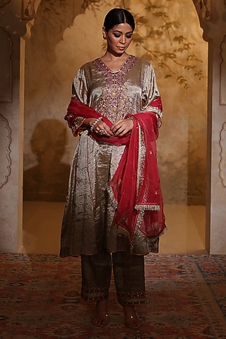 Antique Silver Tissue Silk Thread Embroidered Kurta Set by HOUSE OF AAS