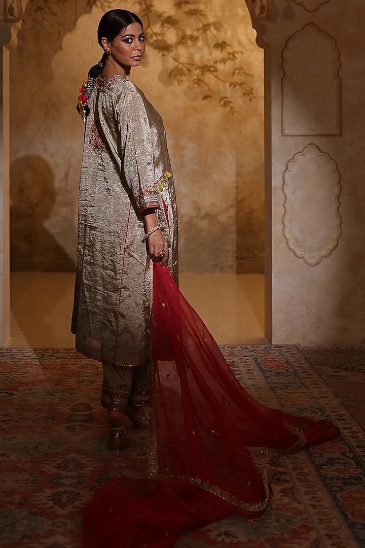 Antique Silver Tissue Silk Thread Embroidered Kurta Set by HOUSE OF AAS at Pernia's Pop Up Shop