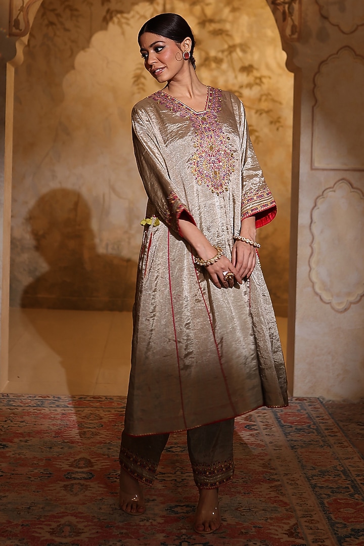 Antique Silver Tissue Silk Thread Embroidered Kurta Set by HOUSE OF AAS at Pernia's Pop Up Shop