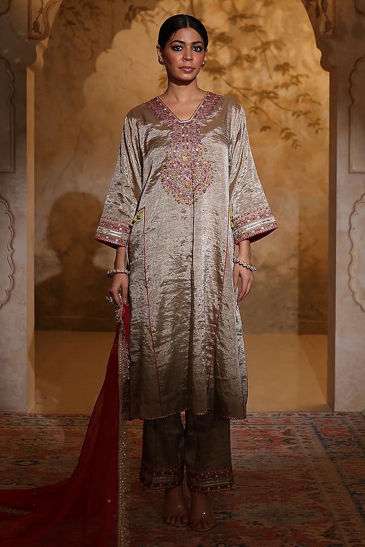 Antique Silver Tissue Silk Thread Embroidered Kurta Set by HOUSE OF AAS at Pernia's Pop Up Shop