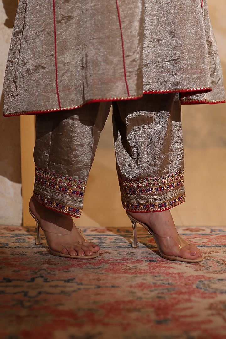 Antique Silver Tissue Silk Thread Embroidered Kurta Set by HOUSE OF AAS at Pernia's Pop Up Shop