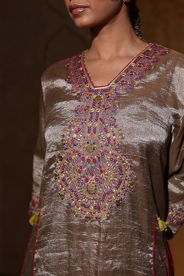 Antique Silver Tissue Silk Thread Embroidered Kurta Set by HOUSE OF AAS at Pernia's Pop Up Shop