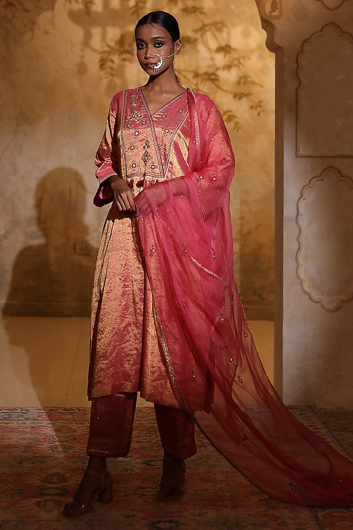 Pink Tissue Silk Thread Embroidered Kurta Set by HOUSE OF AAS at Pernia's Pop Up Shop