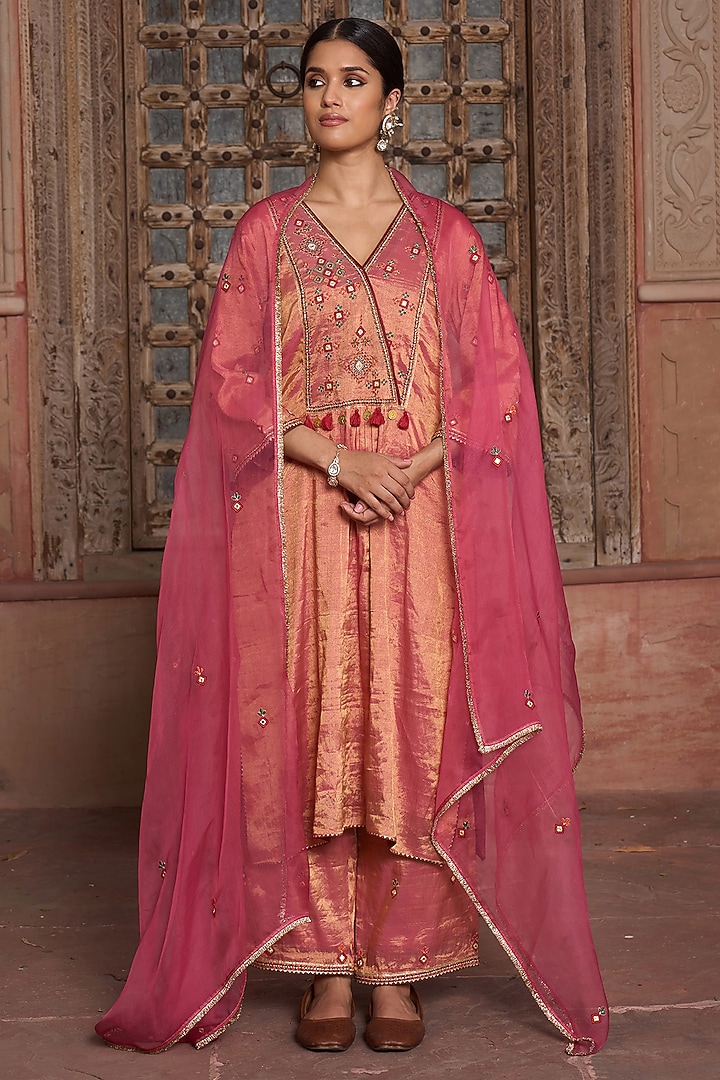 Pink Tissue Silk Thread Embroidered Kurta Set by HOUSE OF AAS at Pernia's Pop Up Shop
