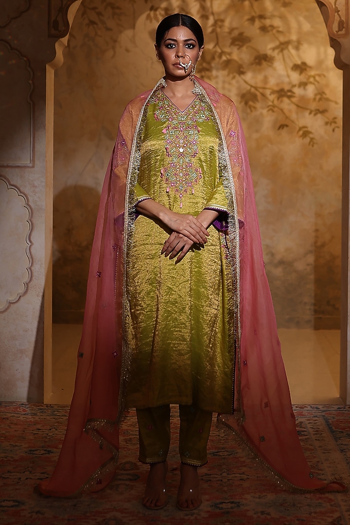 Pista Green Tissue Silk Thread Embroidered Kurta Set by HOUSE OF AAS at Pernia's Pop Up Shop