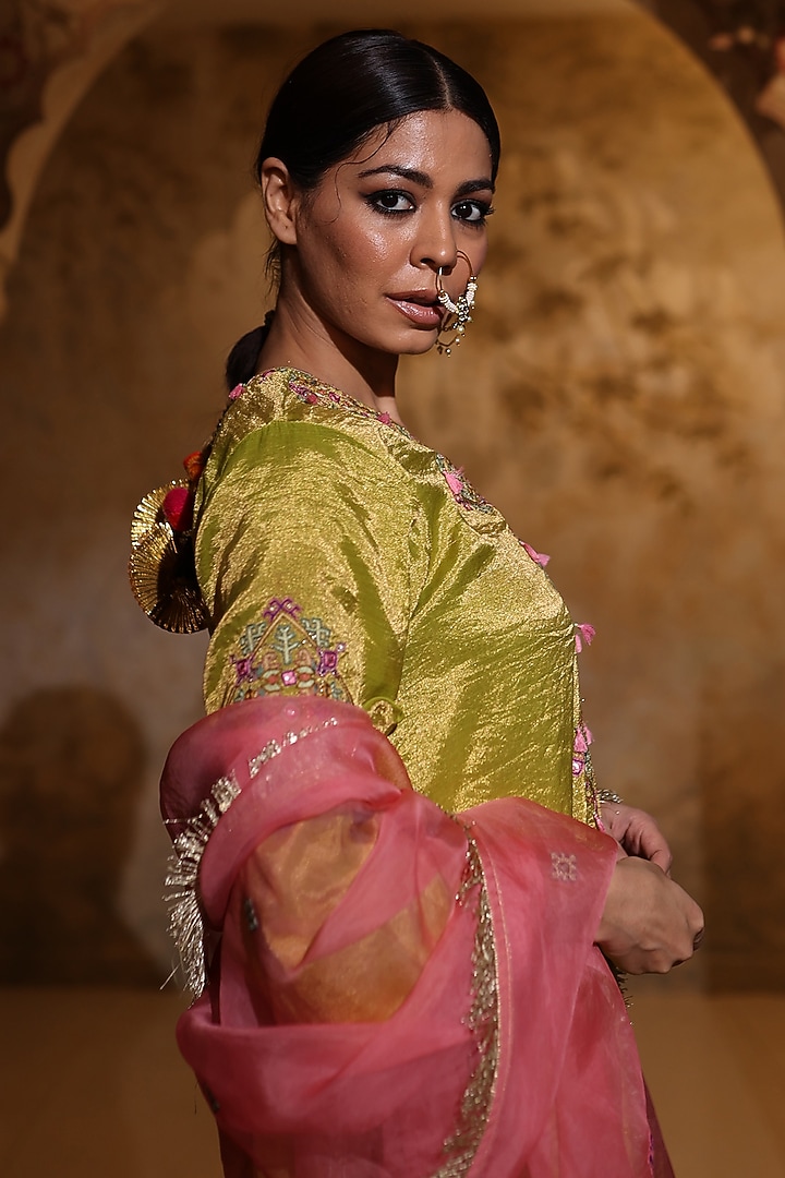 Pista Green Tissue Silk Thread Embroidered Kurta Set by HOUSE OF AAS at Pernia's Pop Up Shop