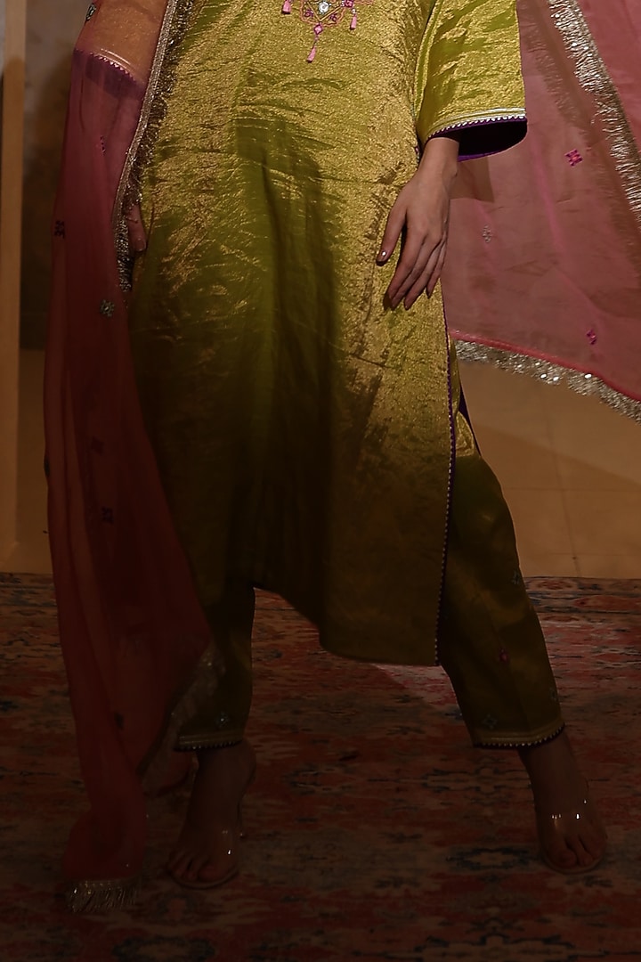 Pista Green Tissue Silk Thread Embroidered Kurta Set by HOUSE OF AAS at Pernia's Pop Up Shop