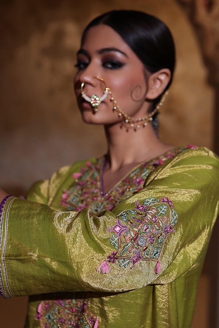 Pista Green Tissue Silk Thread Embroidered Kurta Set by HOUSE OF AAS at Pernia's Pop Up Shop
