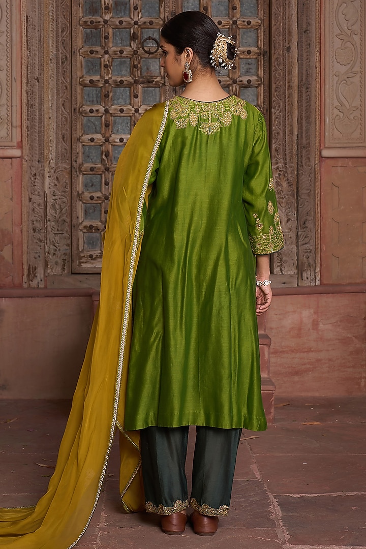 Mehendi Green Silk Chanderi Zari Hand Embroidered Kurta Set by HOUSE OF AAS at Pernia's Pop Up Shop
