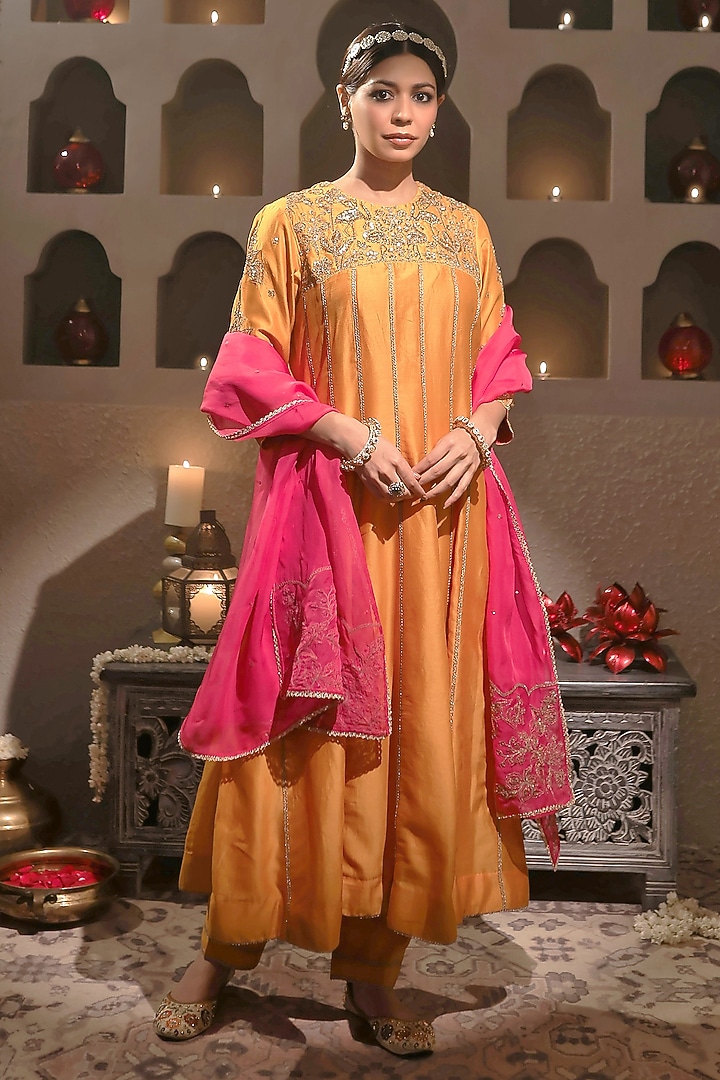 Orange Silk Chanderi Zari Hand Embroidered Kurta Set by HOUSE OF AAS at Pernia's Pop Up Shop