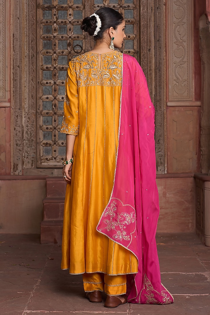 Orange Silk Chanderi Zari Hand Embroidered Kurta Set by HOUSE OF AAS at Pernia's Pop Up Shop