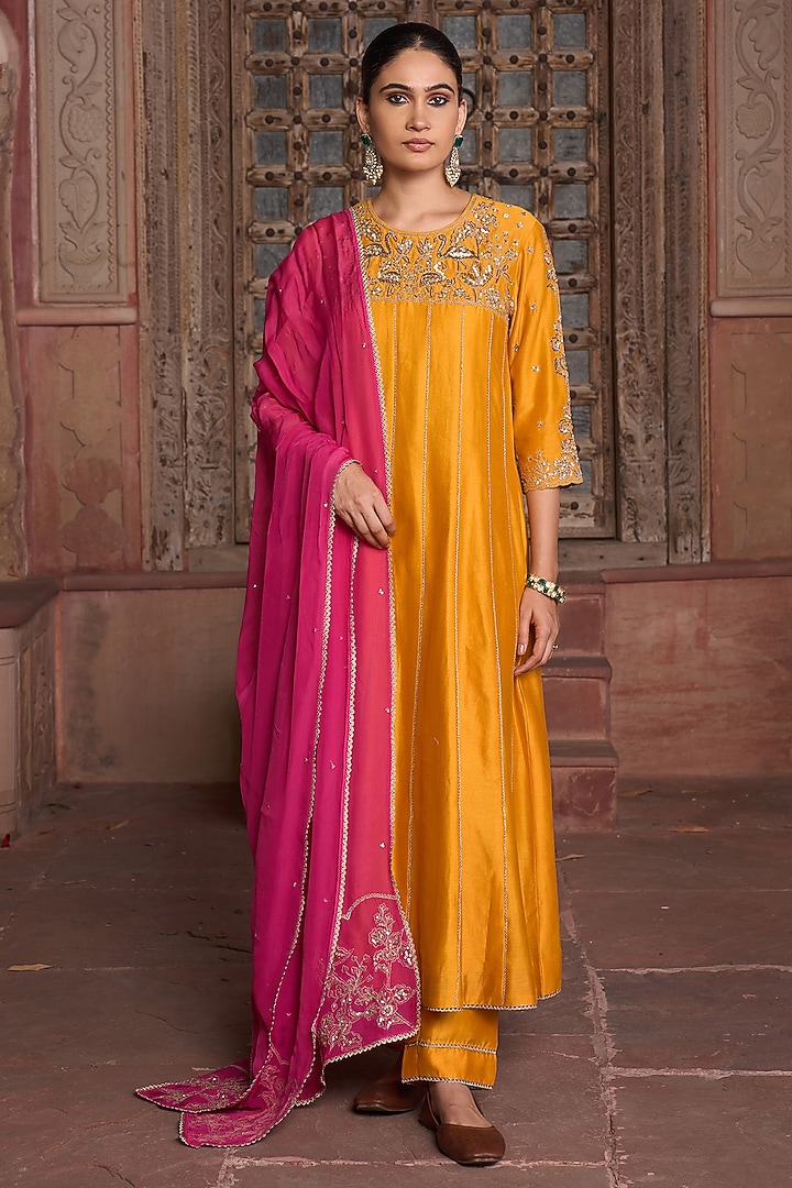 Orange Silk Chanderi Zari Hand Embroidered Kurta Set by HOUSE OF AAS at Pernia's Pop Up Shop