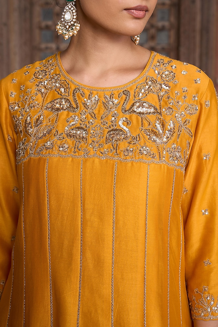 Orange Silk Chanderi Zari Hand Embroidered Kurta Set by HOUSE OF AAS at Pernia's Pop Up Shop