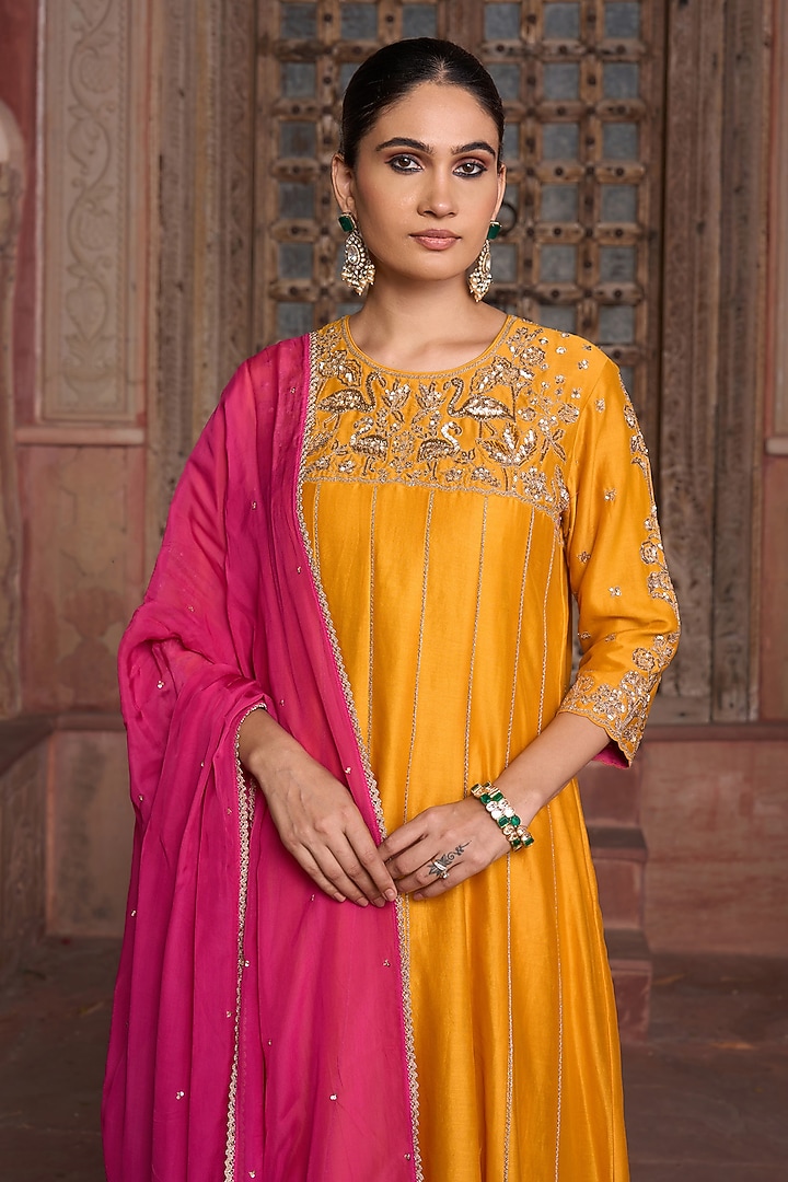 Orange Silk Chanderi Zari Hand Embroidered Kurta Set by HOUSE OF AAS at Pernia's Pop Up Shop
