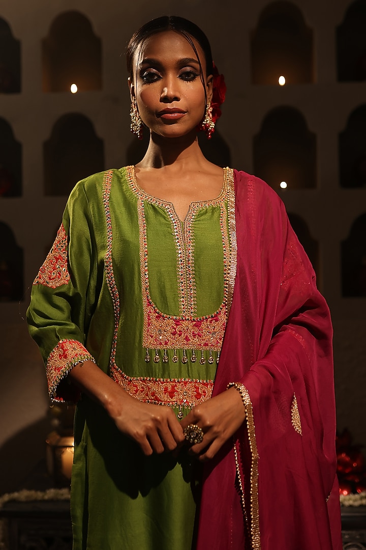 Mehendi Green Silk Chanderi Zari Hand Embroidered Kurta Set by HOUSE OF AAS at Pernia's Pop Up Shop