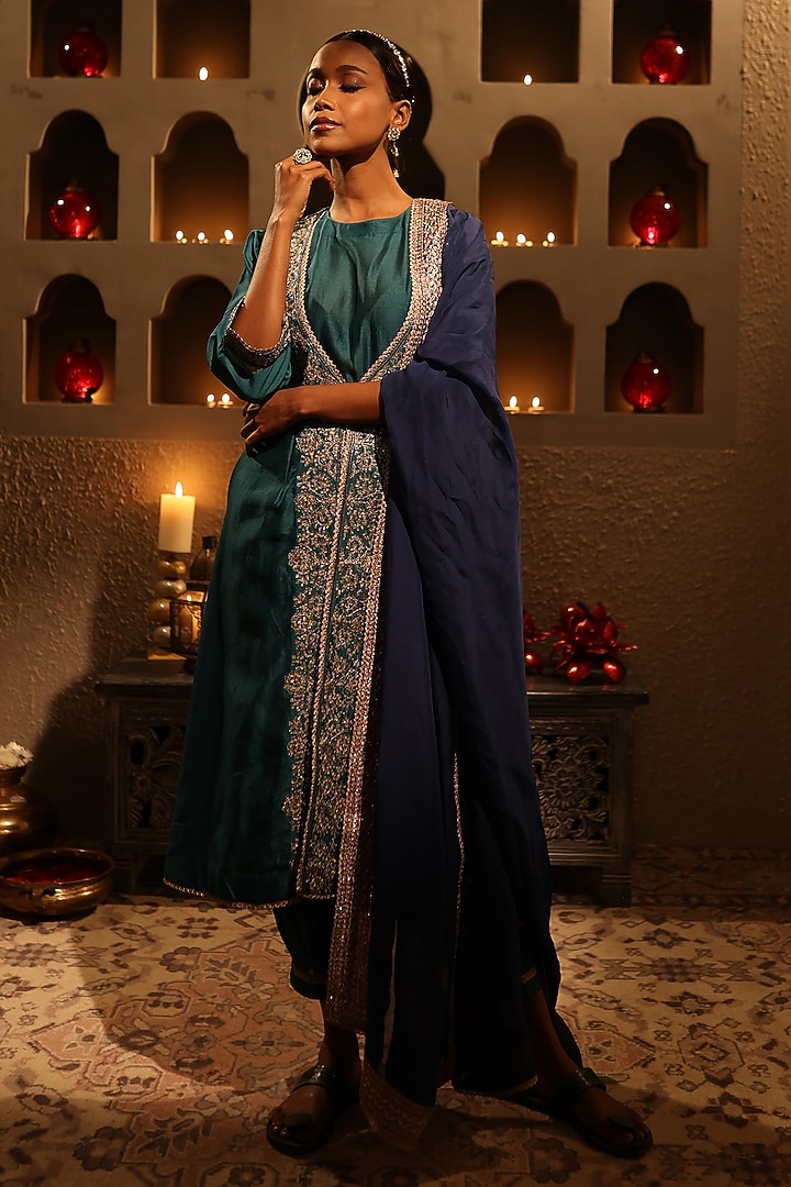 Turquoise Blue Chanderi Aari Embroidered Kurta Set by HOUSE OF AAS at Pernia's Pop Up Shop