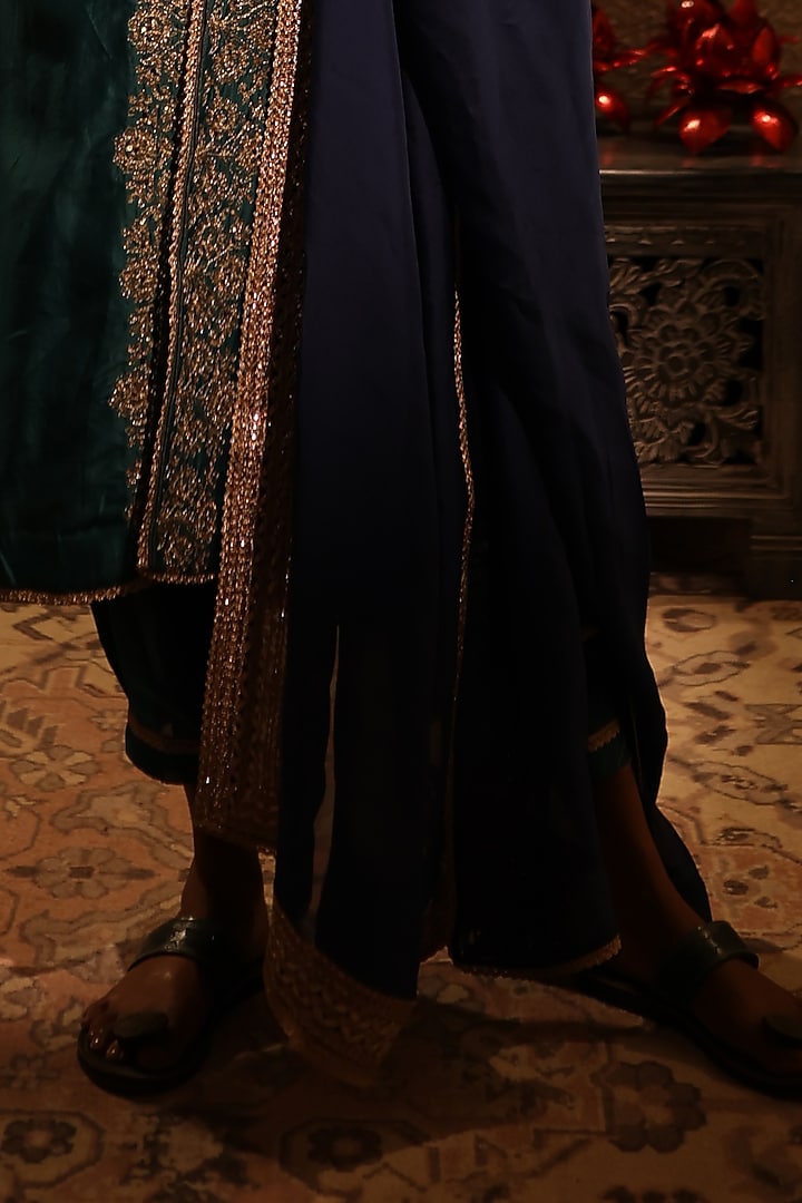 Turquoise Blue Chanderi Aari Embroidered Kurta Set by HOUSE OF AAS at Pernia's Pop Up Shop