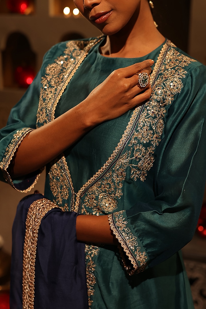 Turquoise Blue Chanderi Aari Embroidered Kurta Set by HOUSE OF AAS at Pernia's Pop Up Shop