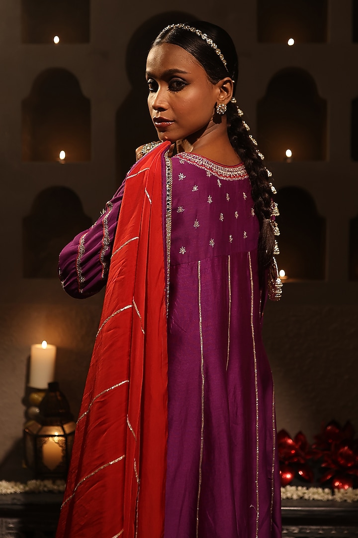 Purple Chanderi Aari Embroidered Kurta Set by HOUSE OF AAS at Pernia's Pop Up Shop