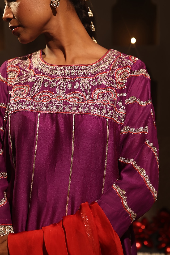 Purple Chanderi Aari Embroidered Kurta Set by HOUSE OF AAS at Pernia's Pop Up Shop