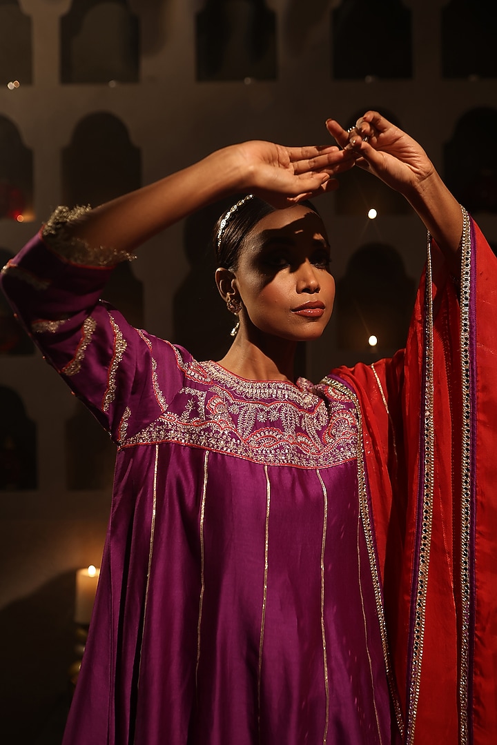 Purple Chanderi Aari Embroidered Kurta Set by HOUSE OF AAS at Pernia's Pop Up Shop