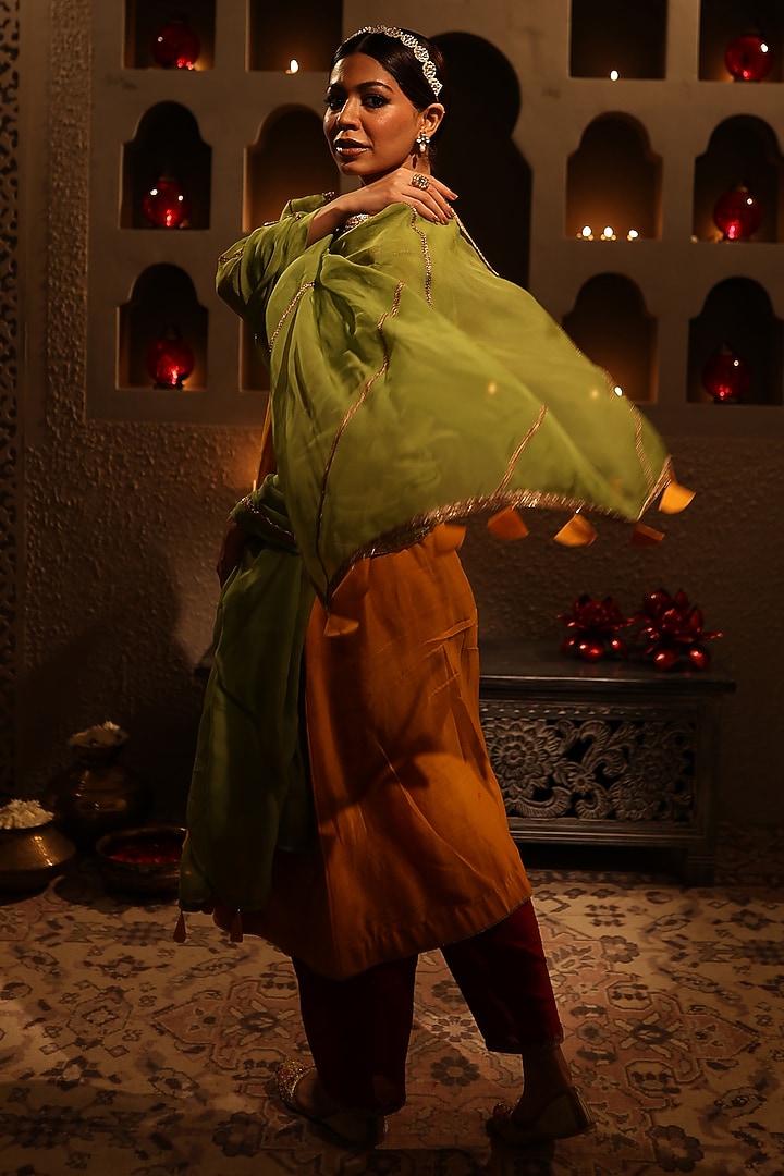 Orange Chanderi Aari Embroidered Straight Kurta Set by HOUSE OF AAS at Pernia's Pop Up Shop