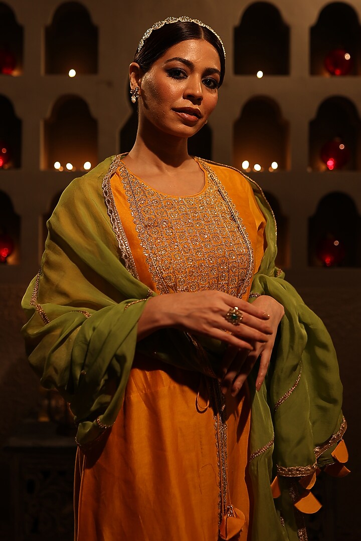 Orange Chanderi Aari Embroidered Straight Kurta Set by HOUSE OF AAS at Pernia's Pop Up Shop