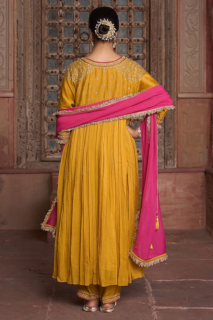 Mustard Chanderi Gold Embroidered Kurta Set by HOUSE OF AAS at Pernia's Pop Up Shop