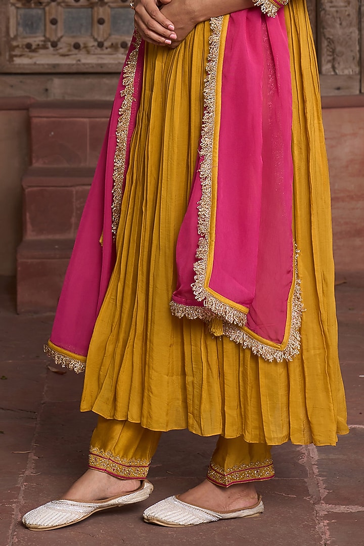Mustard Chanderi Gold Embroidered Kurta Set by HOUSE OF AAS at Pernia's Pop Up Shop
