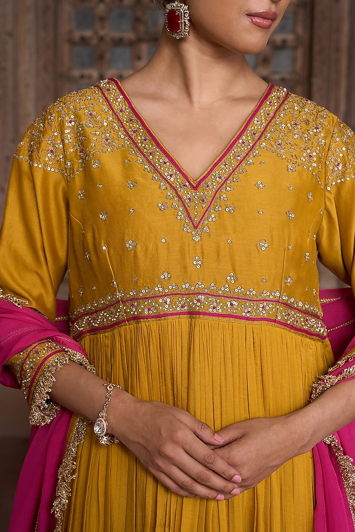 Mustard Chanderi Gold Embroidered Kurta Set by HOUSE OF AAS at Pernia's Pop Up Shop
