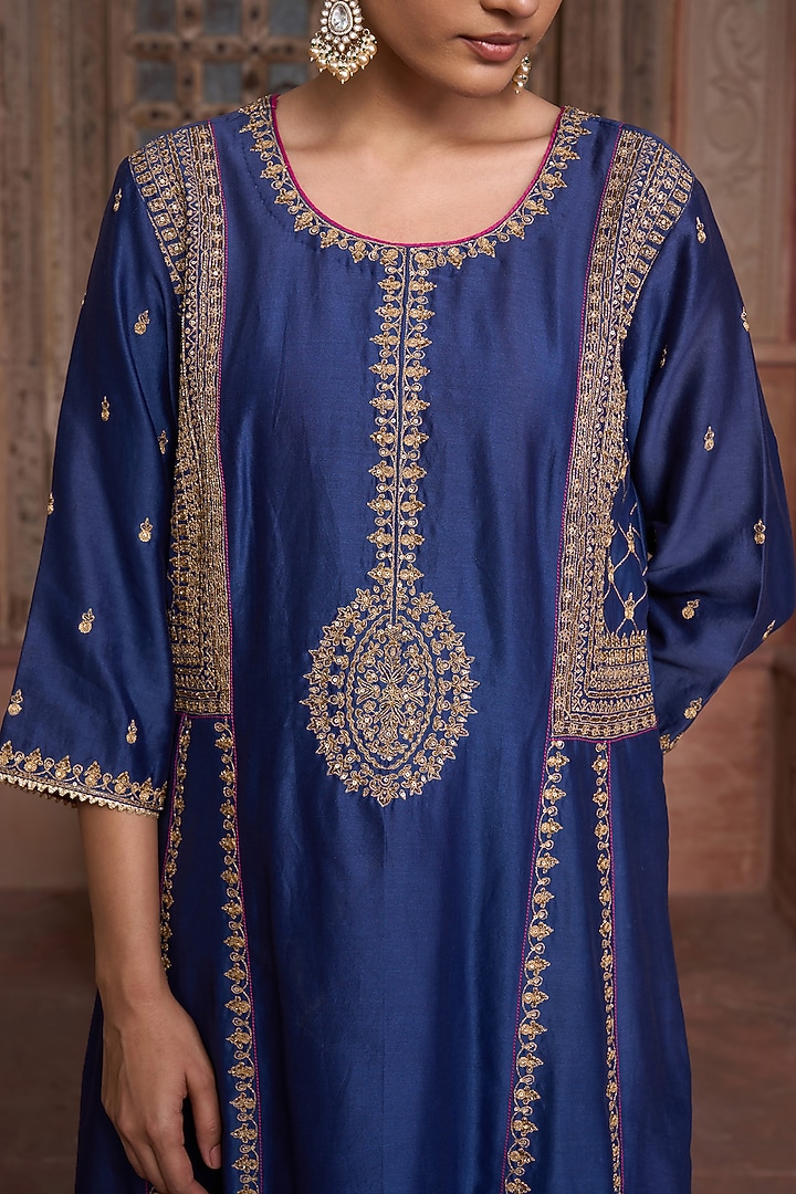 Turquoise Chanderi Aari & Mirror Embroidered Kurta Set by HOUSE OF AAS at Pernia's Pop Up Shop