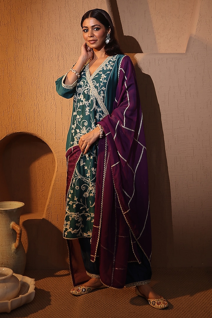Turquoise Blue Chanderi Jaal Embroidered Angrakha Kurta Set by HOUSE OF AAS at Pernia's Pop Up Shop