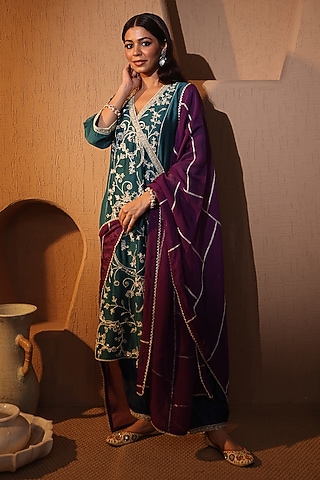 Turquoise Blue Chanderi Jaal Embroidered Angrakha Kurta Set by HOUSE OF AAS