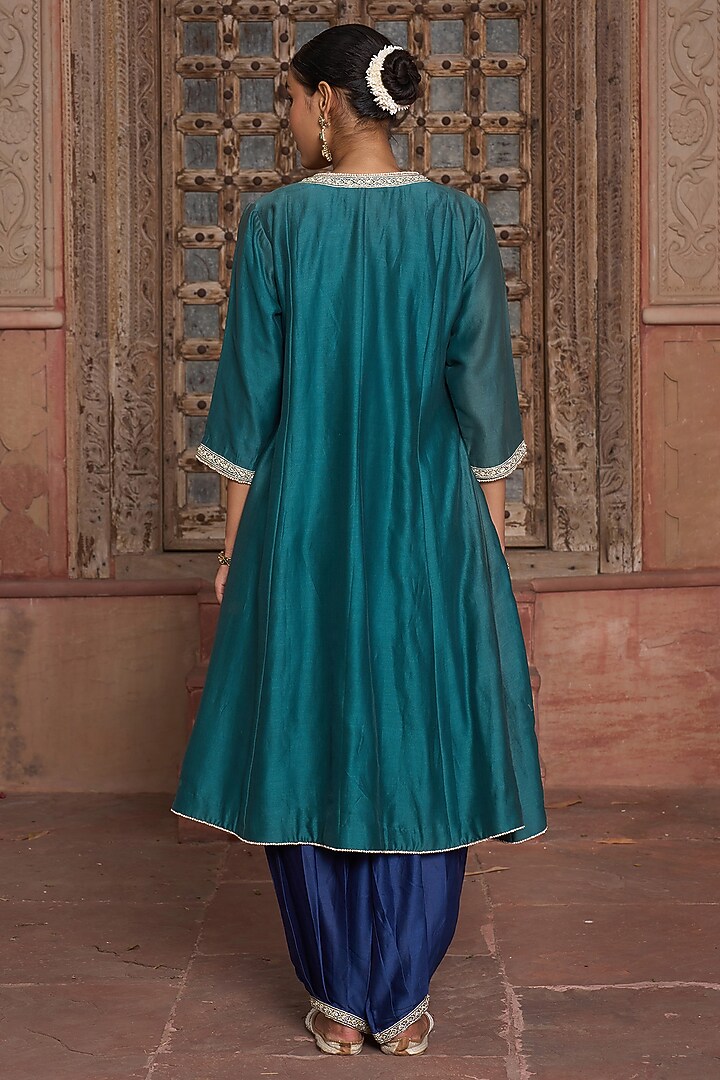 Turquoise Blue Chanderi Jaal Embroidered Angrakha Kurta Set by HOUSE OF AAS at Pernia's Pop Up Shop