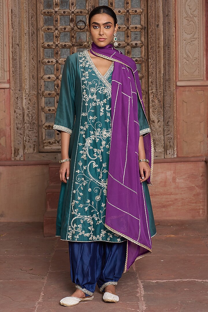 Turquoise Blue Chanderi Jaal Embroidered Angrakha Kurta Set by HOUSE OF AAS at Pernia's Pop Up Shop