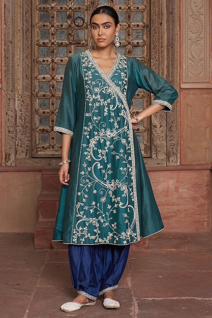 Turquoise Blue Chanderi Jaal Embroidered Angrakha Kurta Set by HOUSE OF AAS at Pernia's Pop Up Shop
