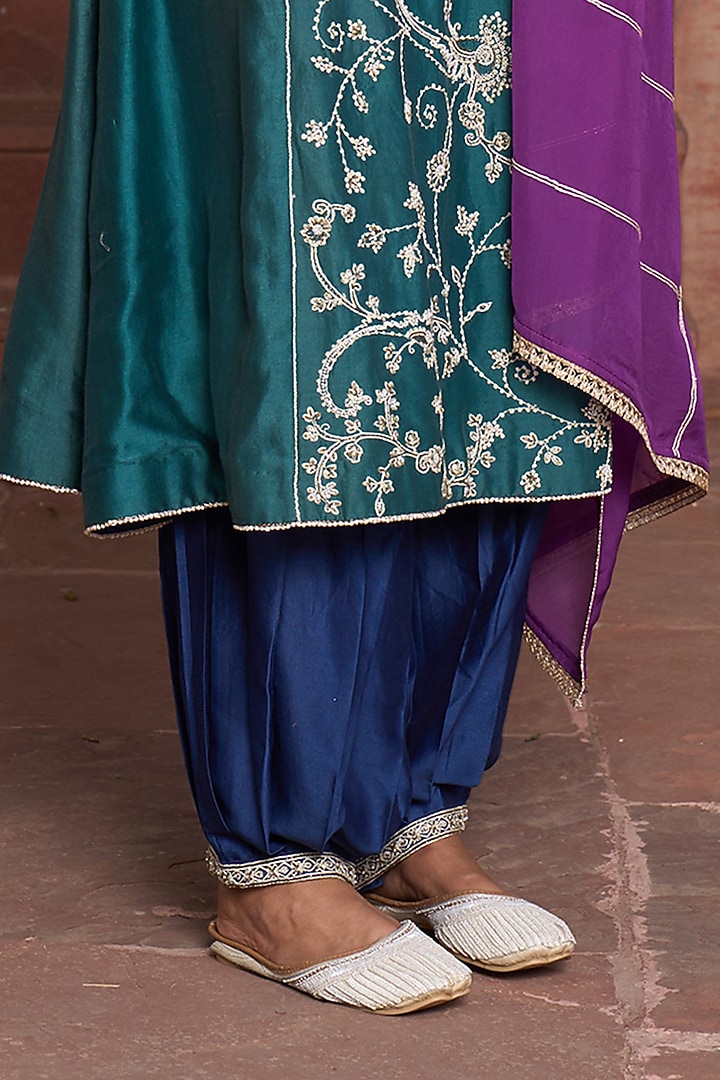 Turquoise Blue Chanderi Jaal Embroidered Angrakha Kurta Set by HOUSE OF AAS at Pernia's Pop Up Shop