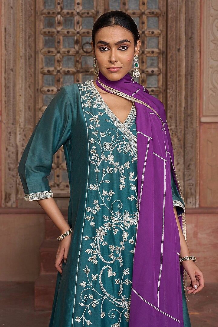 Turquoise Blue Chanderi Jaal Embroidered Angrakha Kurta Set by HOUSE OF AAS at Pernia's Pop Up Shop