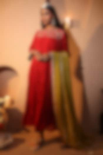 Red Chanderi Gold Embroidered Kurta Set by HOUSE OF AAS at Pernia's Pop Up Shop