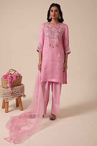 Pink Pure Organza Thread Embroidered Kurta Set by HOUSE OF AAS