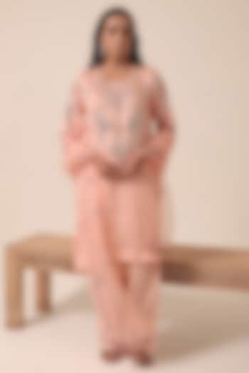 Peach Pure Organza Thread Embroidered Kurta Set by HOUSE OF AAS at Pernia's Pop Up Shop