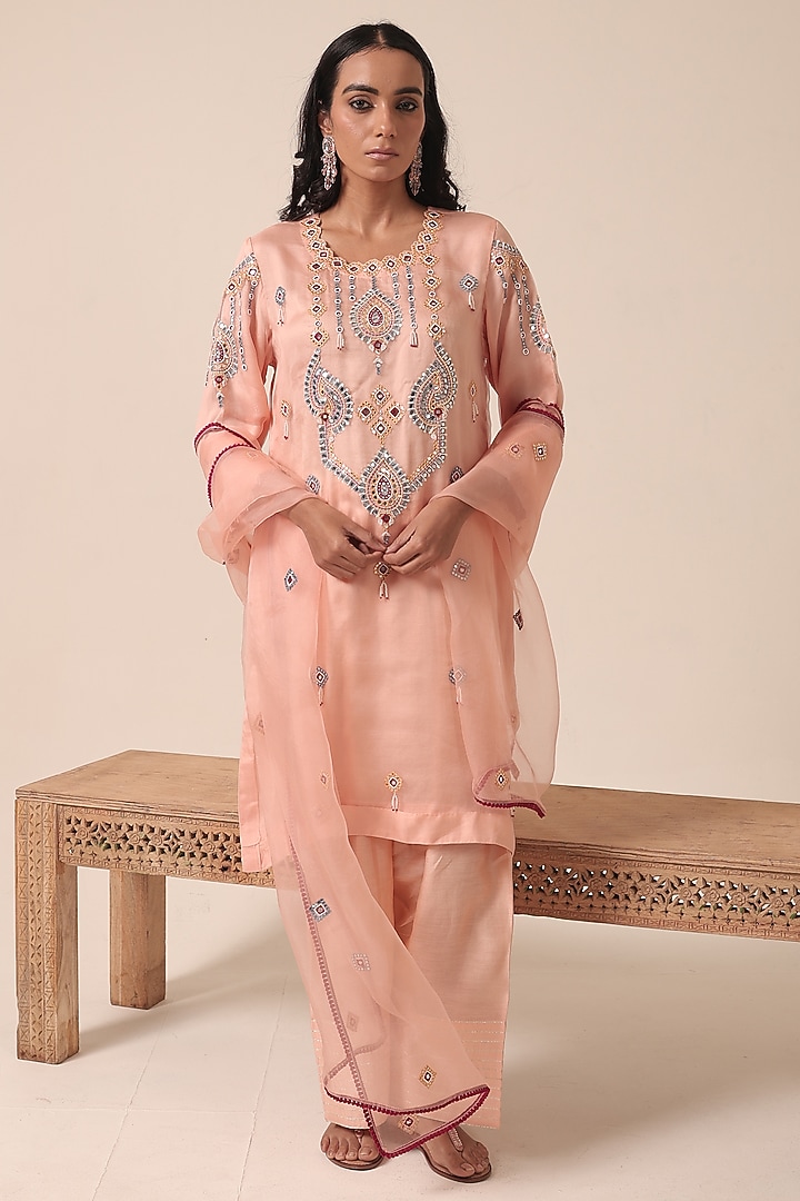 Peach Pure Organza Thread Embroidered Kurta Set by HOUSE OF AAS at Pernia's Pop Up Shop