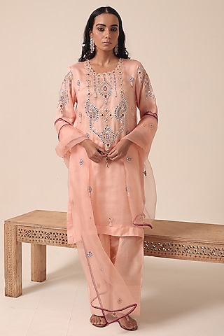Peach Pure Organza Thread Embroidered Kurta Set by HOUSE OF AAS