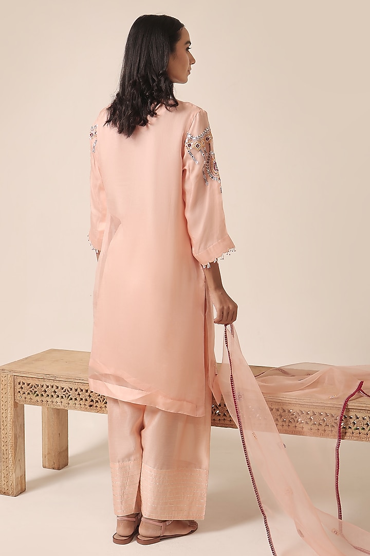 Peach Pure Organza Thread Embroidered Kurta Set by HOUSE OF AAS at Pernia's Pop Up Shop
