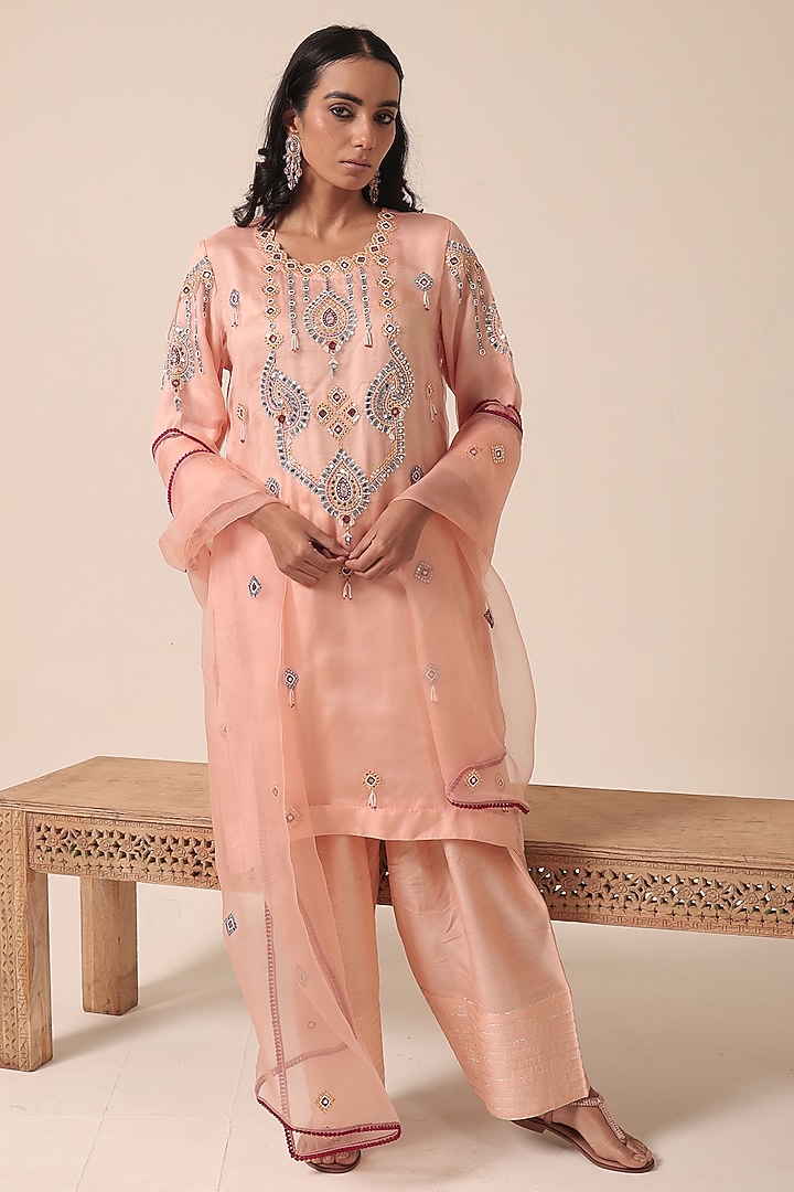 Peach Pure Organza Thread Embroidered Kurta Set by HOUSE OF AAS at Pernia's Pop Up Shop