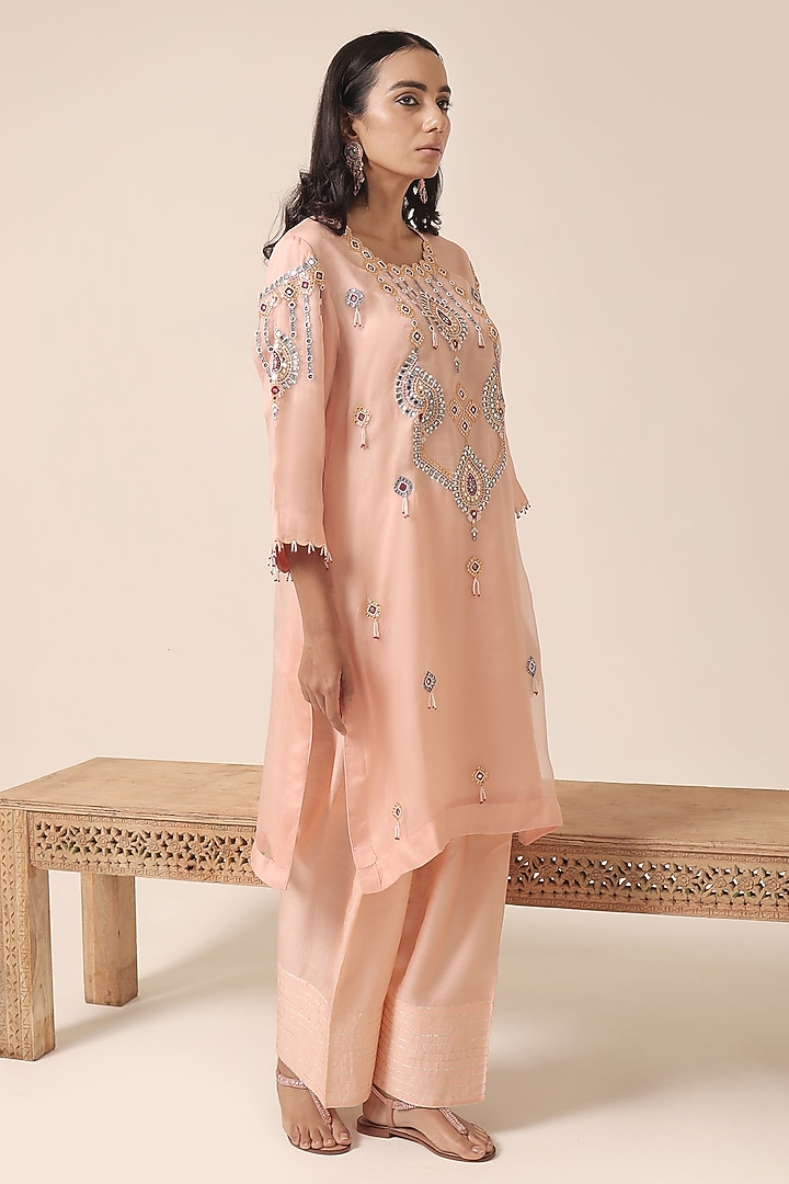 Peach Pure Organza Thread Embroidered Kurta Set by HOUSE OF AAS at Pernia's Pop Up Shop