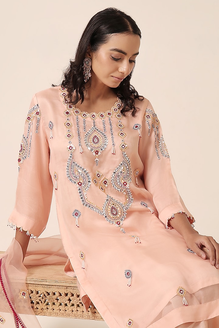 Peach Pure Organza Thread Embroidered Kurta Set by HOUSE OF AAS at Pernia's Pop Up Shop